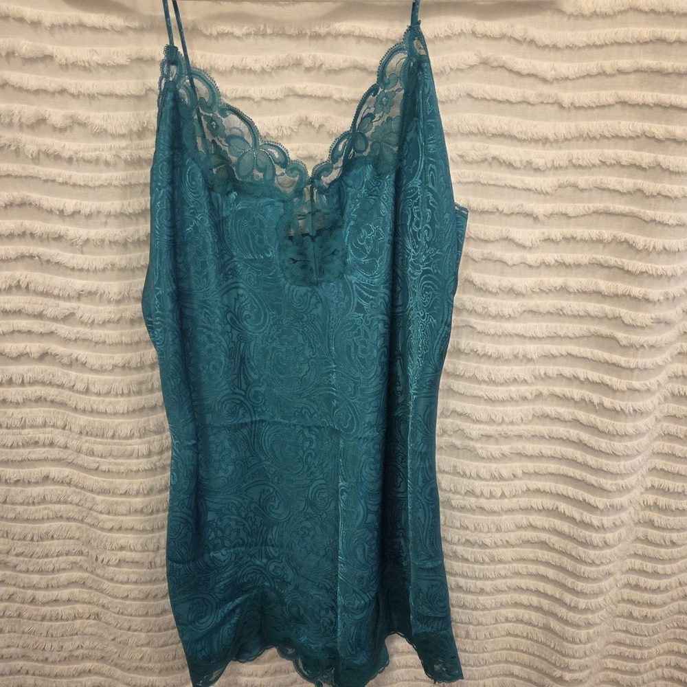 Vintage VAL MODE Slip Dress Robe set Sz L Green Jacquard Lingerie Paisley lace‎